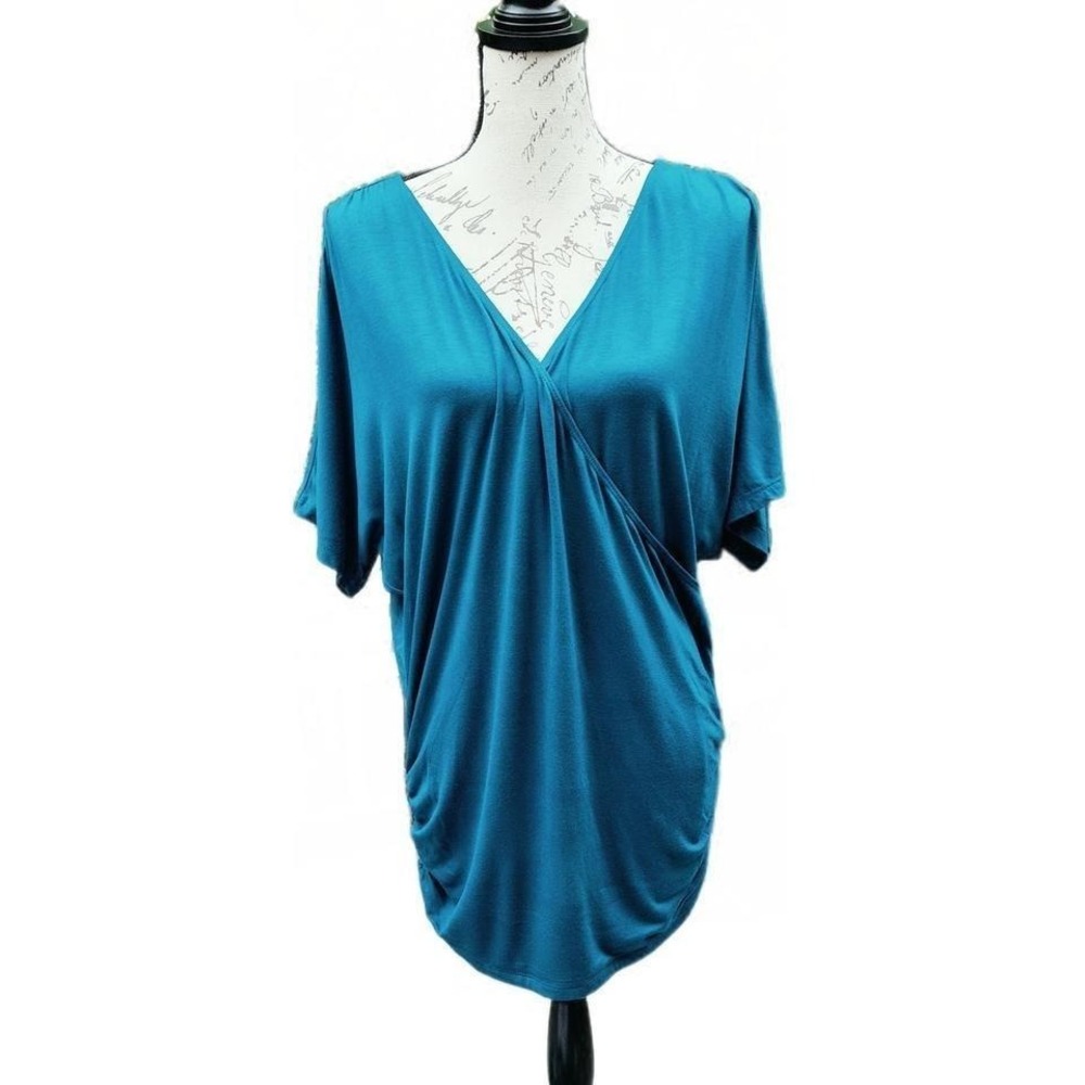Made By Johnny Womens Teal Ruched V- Neck Tunic Top 2XL Doleman Short Sleeve
